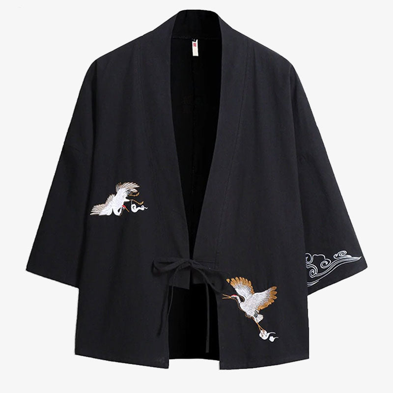Haori Homme Noir Grue Brodée