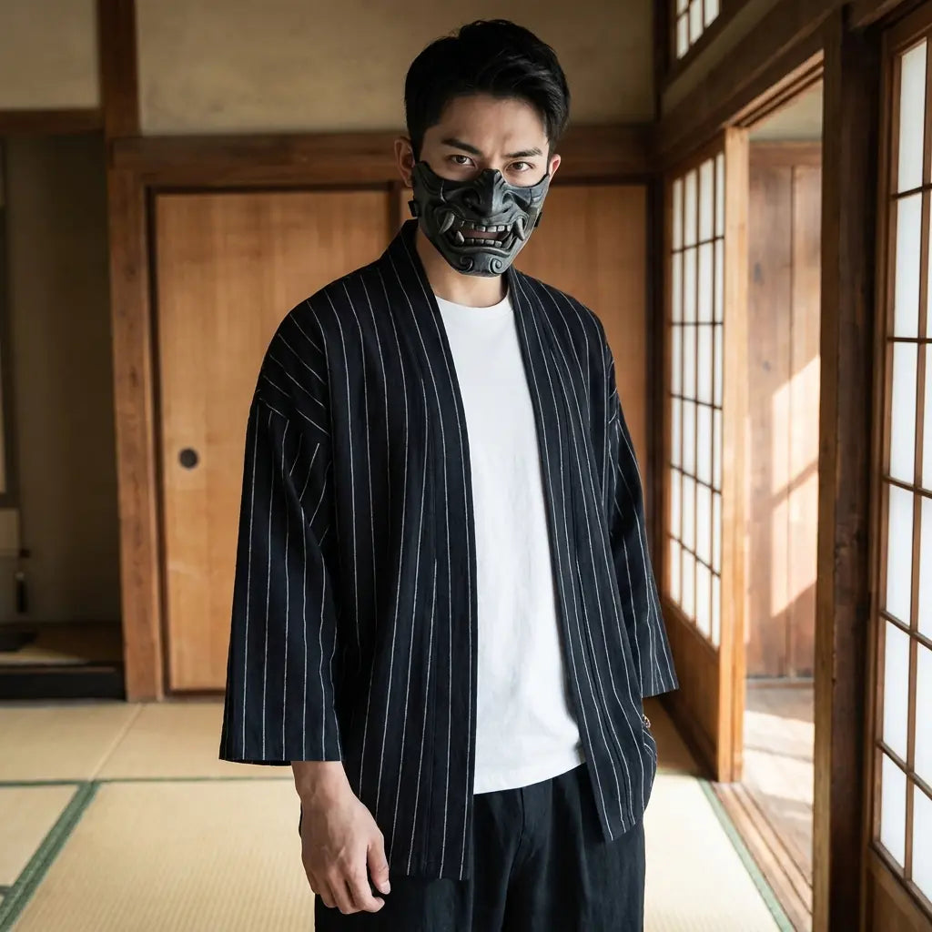 Haori Homme Marine à Rayures Verticales