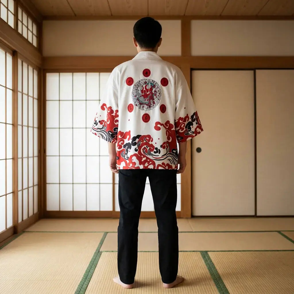 Veste Kimono Homme Blanche Oni Rouge