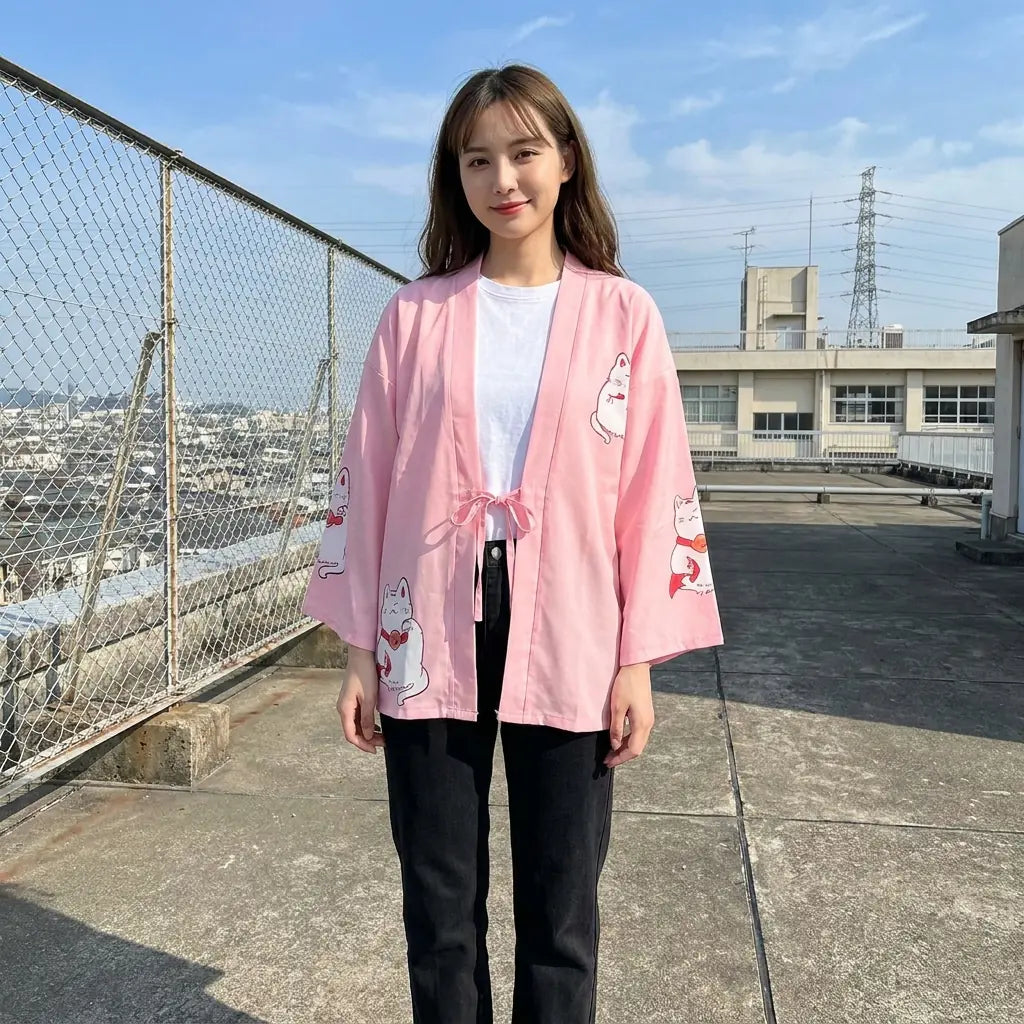 Maneki Neko Veste Kimono Rose Kawaii