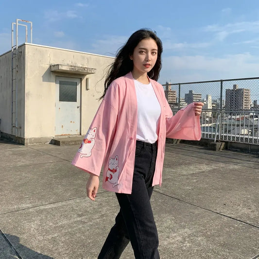 Maneki Neko Veste Kimono Rose Kawaii