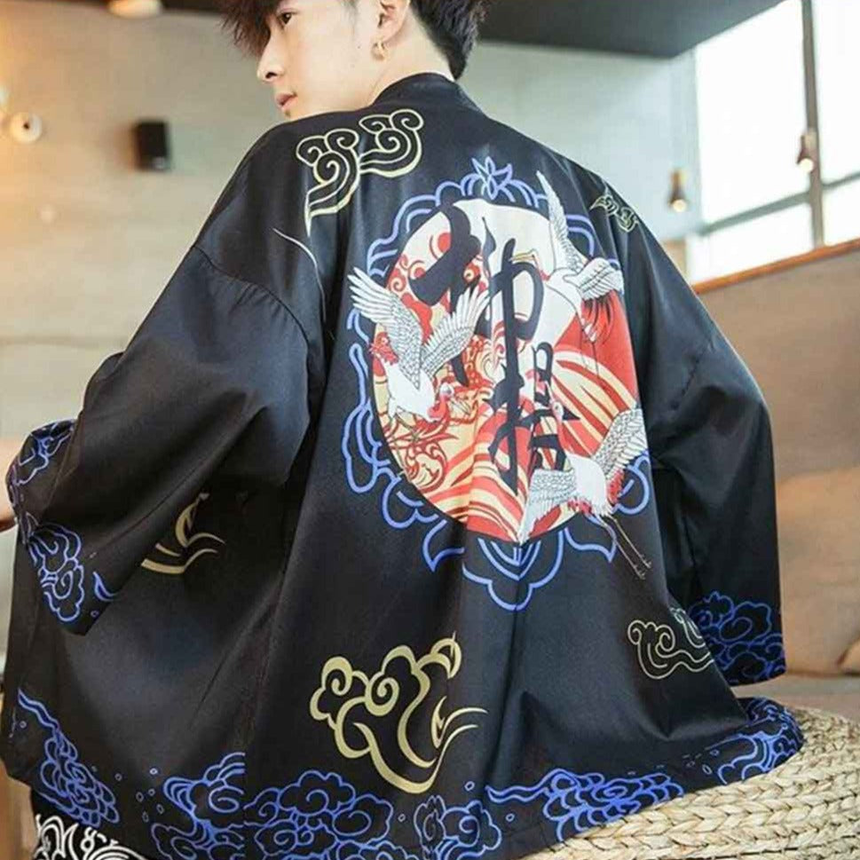 Haori Noir Grues, Nuages et Calligraphie