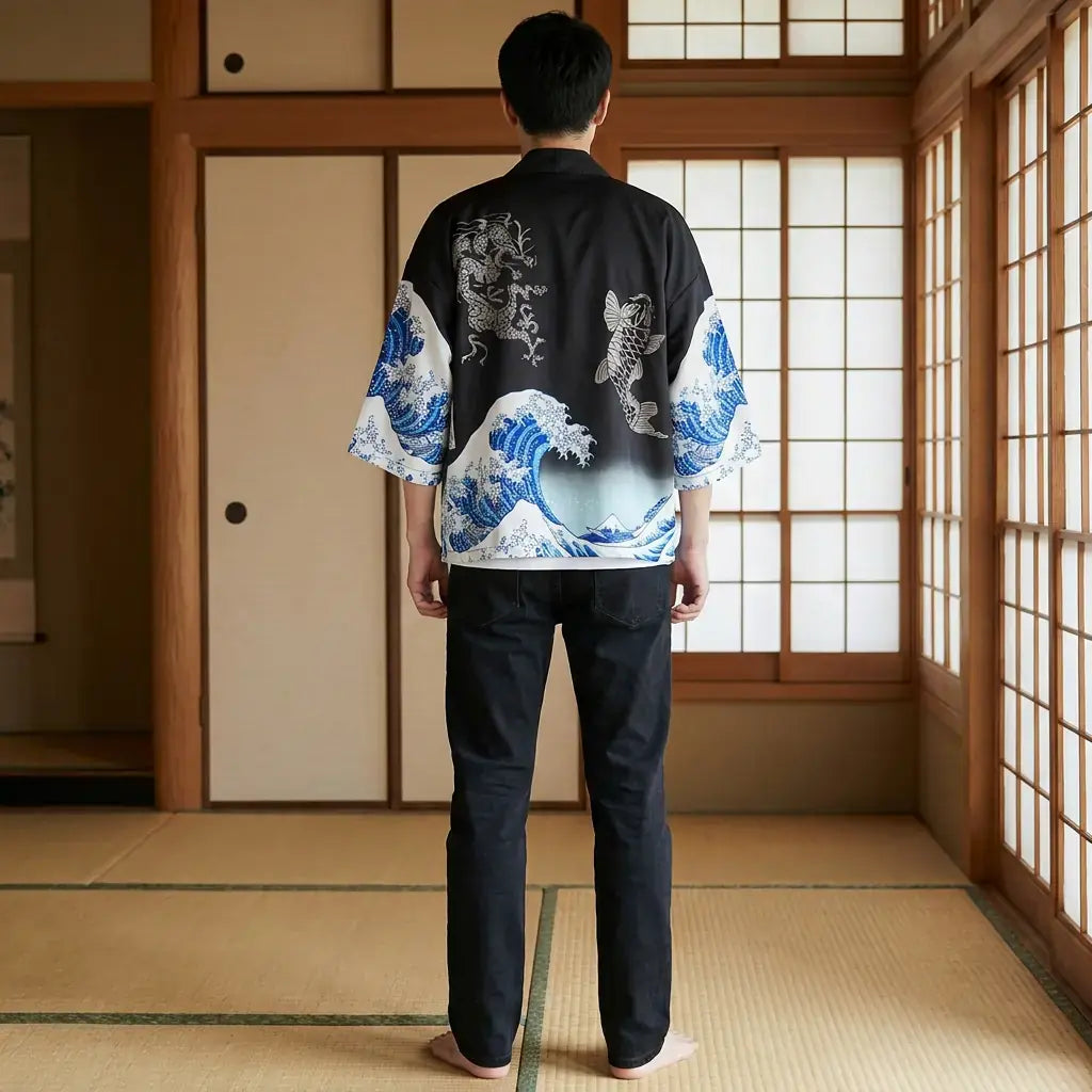 Veste Kimono Homme Vague Koi et Dragon