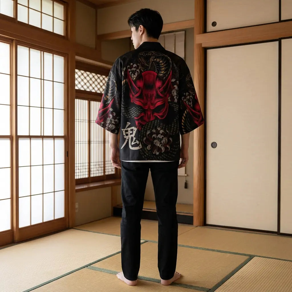 Haori Yokai Noir et Rouge Démon Oni