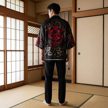 Haori Yokai Noir et Rouge Démon Oni