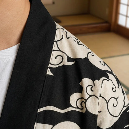 Haori Oni Noir Nuages Blancs et Kitsune