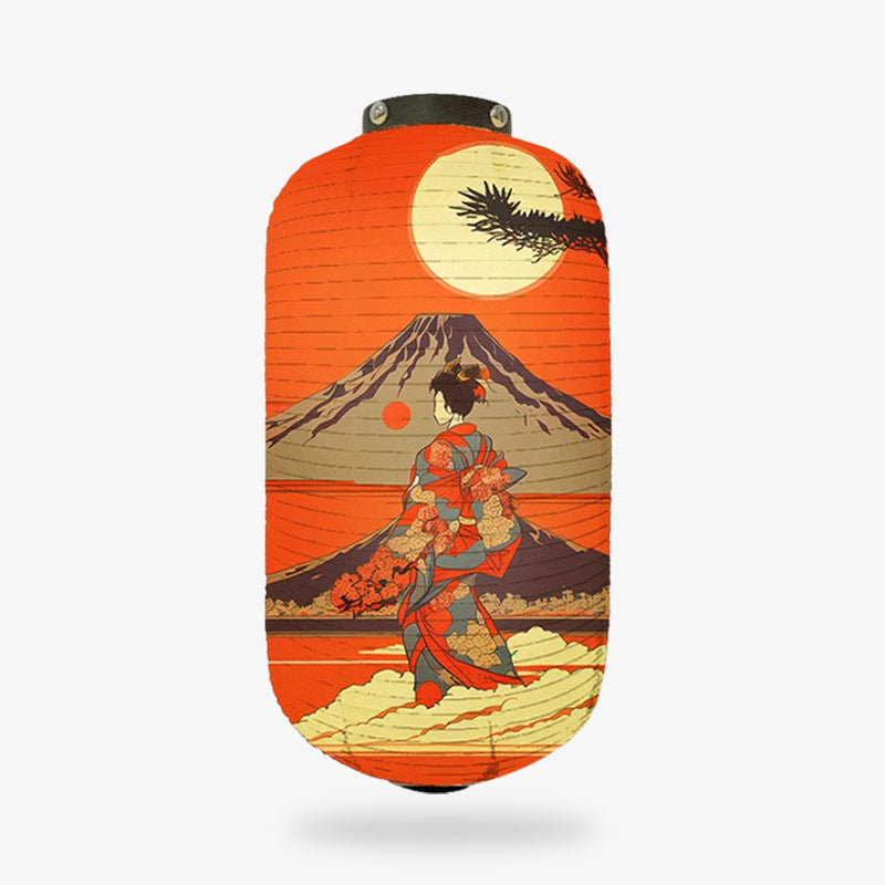 Lanterne Japonaise Rouge Geisha et Mont Fuji