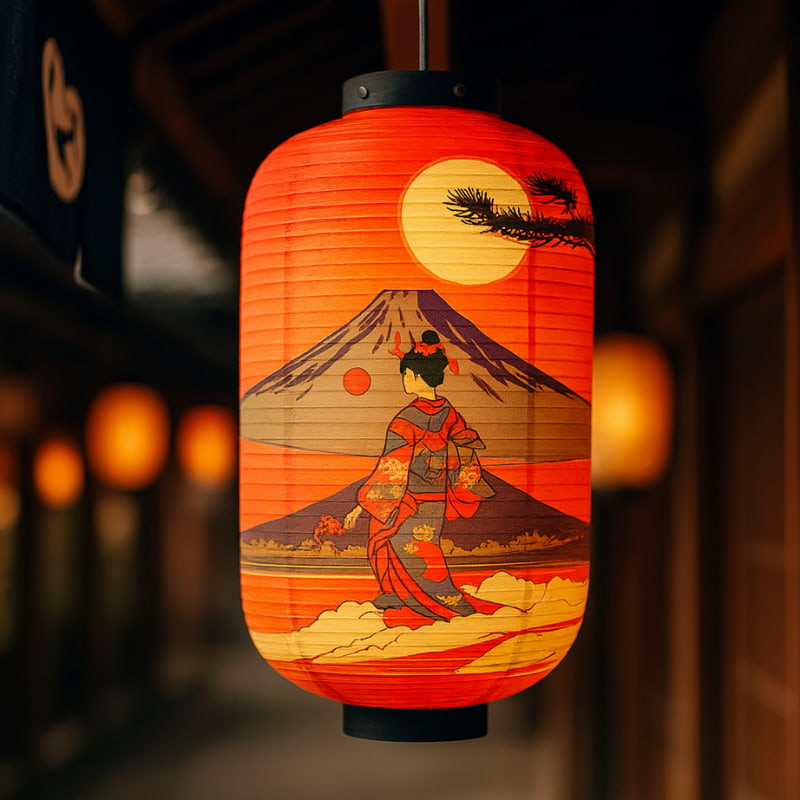 Lanterne Japonaise Rouge Geisha et Mont Fuji