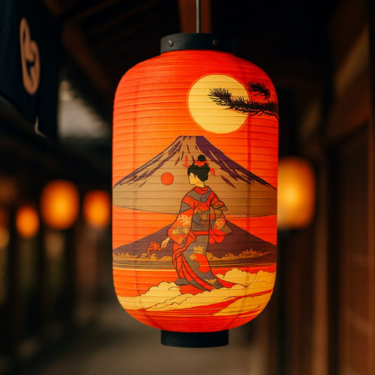 Lanterne Japonaise Rouge Geisha et Mont Fuji