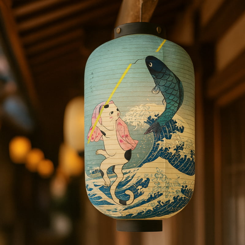 Lanterne Japonaise Chat Pêcheur et Carpe Koï