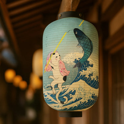 Lanterne Japonaise Chat Pêcheur et Carpe Koï