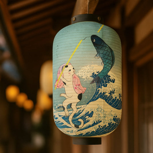Lanterne Japonaise Chat Pêcheur et Carpe Koï