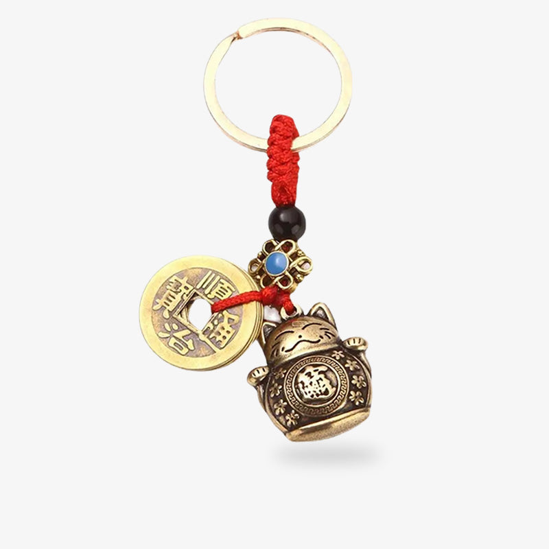 Maneki Neko Porte-Clé en Laiton Cordon Tressé