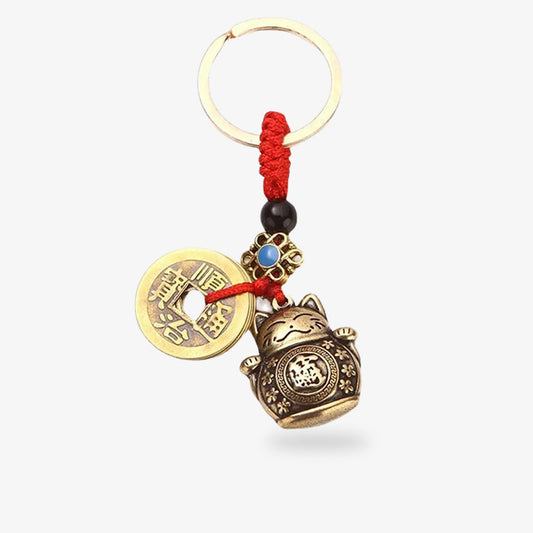 Maneki Neko Porte-Clé en Laiton Cordon Tressé