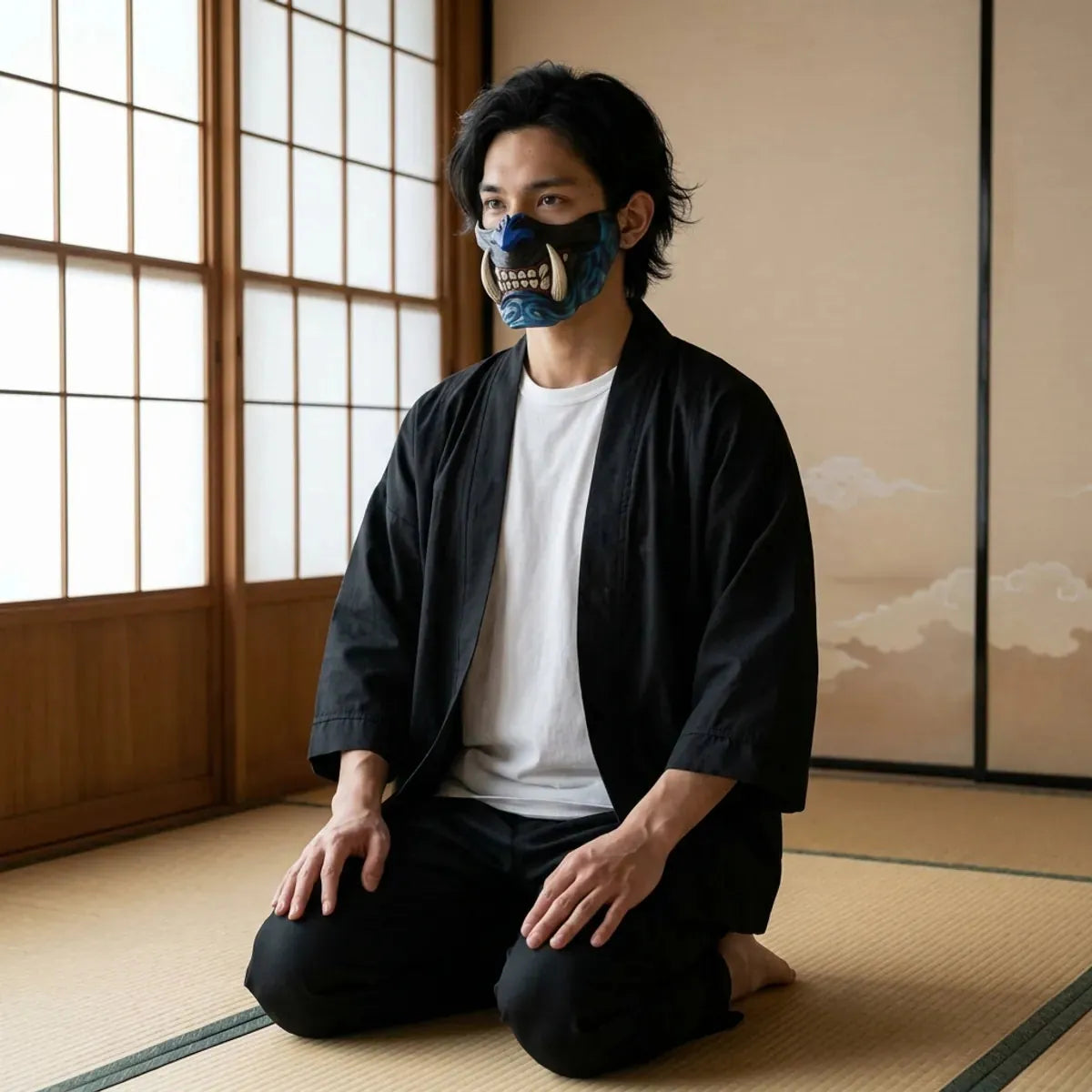 Masque Japonais Démon Bleu Demi-Masque Samouraï