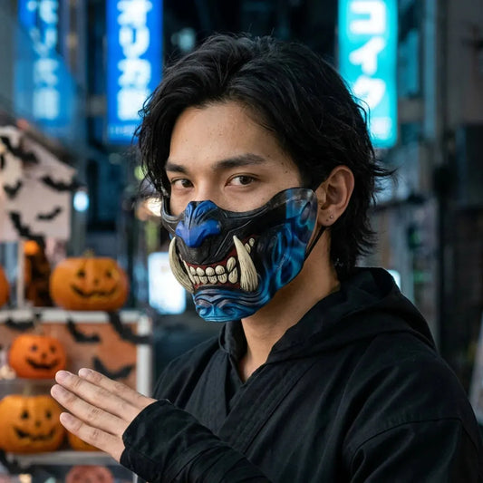 Masque Japonais Démon Bleu Demi-Masque Samouraï