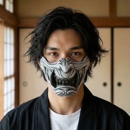 Masque Oni Demi-Visage Peint à la Main