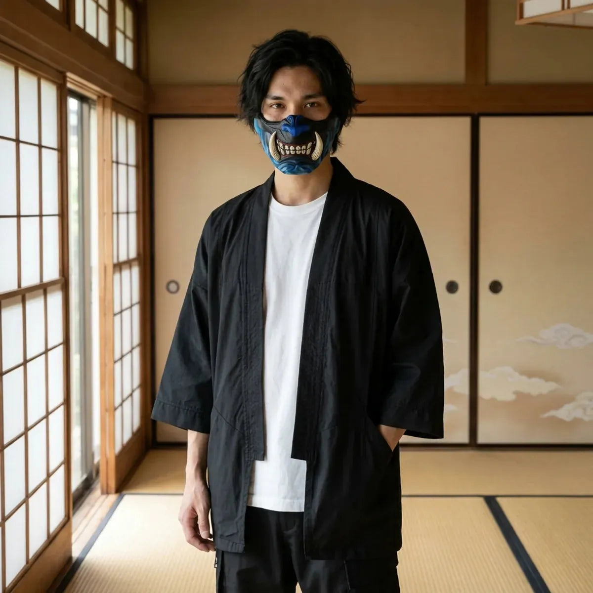 Masque Japonais Démon Bleu Demi-Masque Samouraï