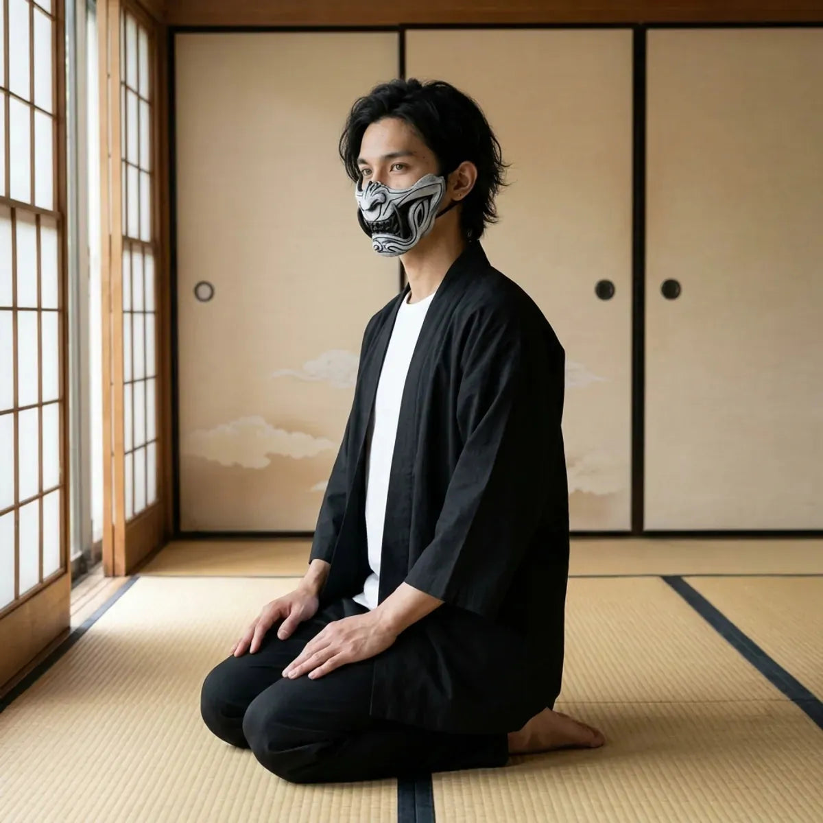 Masque Oni Demi-Visage Peint à la Main