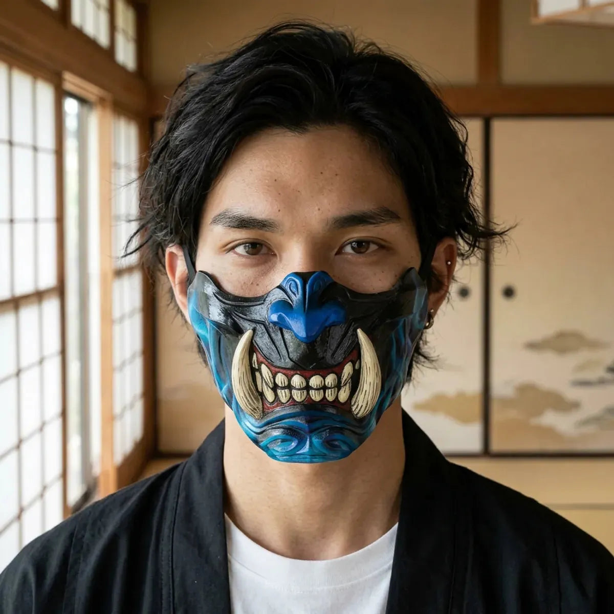 Masque Japonais Démon Bleu Demi-Masque Samouraï