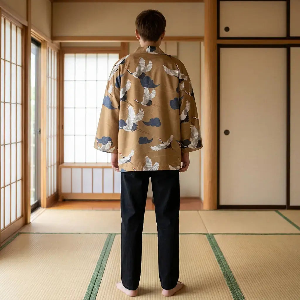 Haori Grues et Nuages Kumo en Polyester