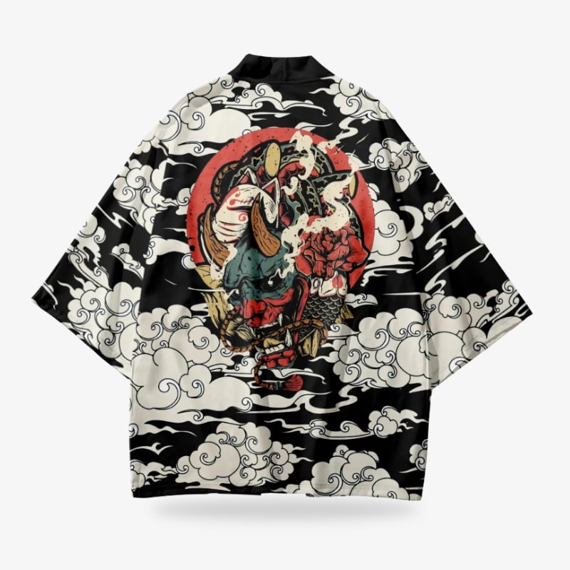 Haori Noir Face-à-Face Oni et Kitsune