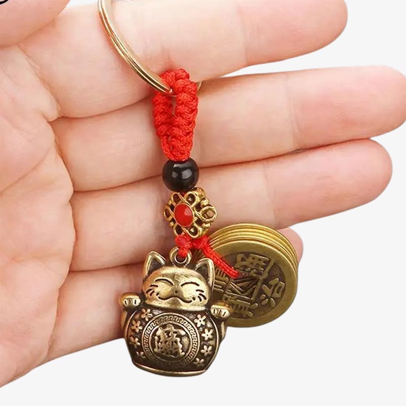 Maneki Neko Porte-Clé en Laiton Cordon Tressé