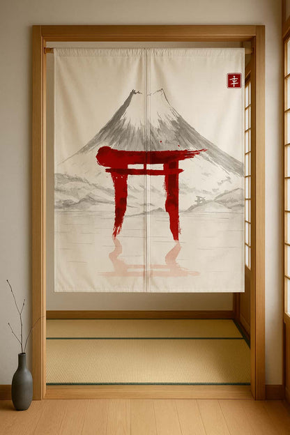 Noren Torii Rouge et Mont Fuji à l'Encre