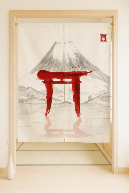 Noren Torii Rouge et Mont Fuji à l'Encre