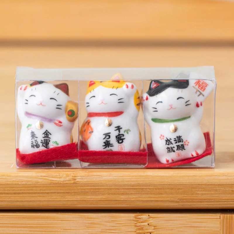 Maneki Neko Blanc Lot de 3 en Résine