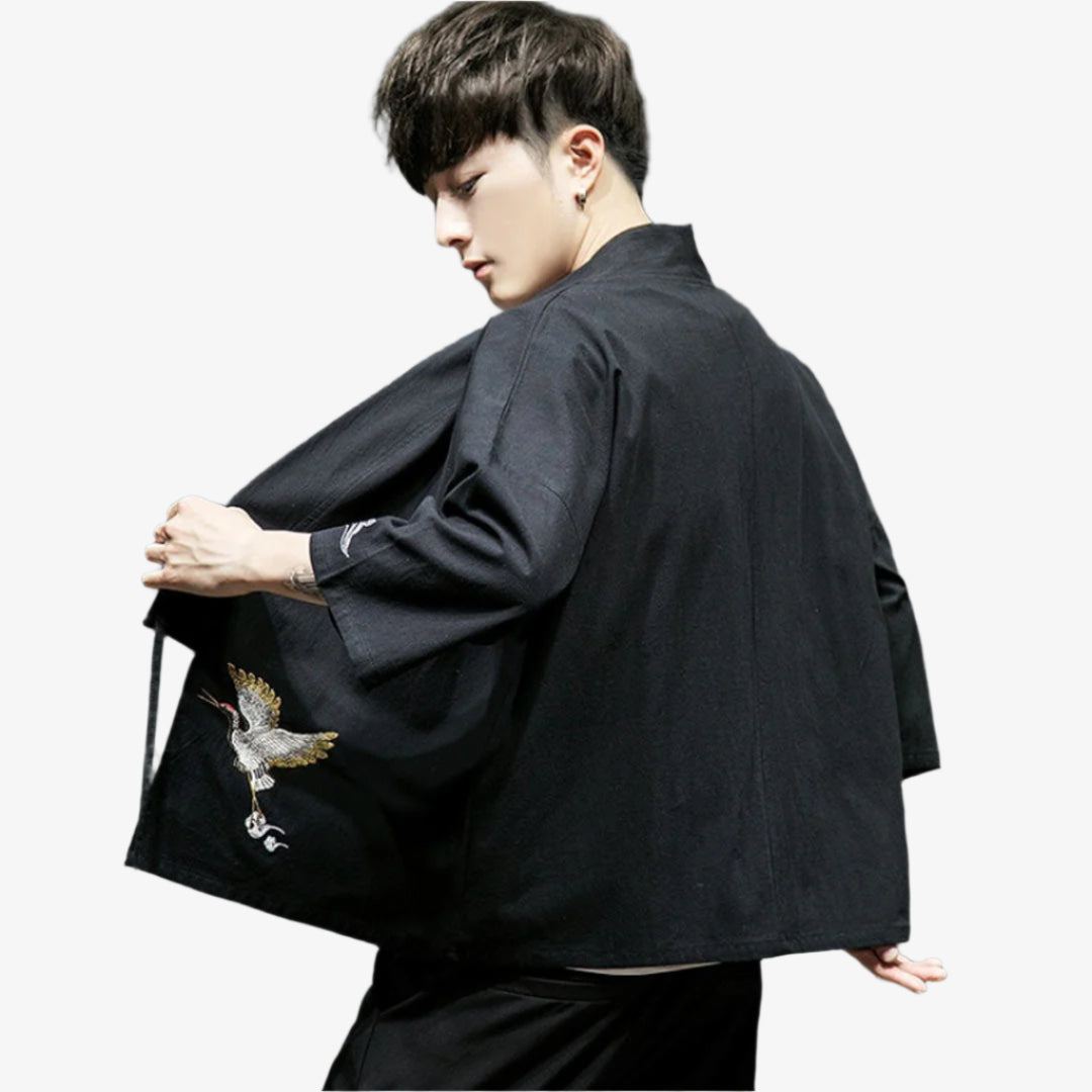 Haori Homme Noir Grue Brodée