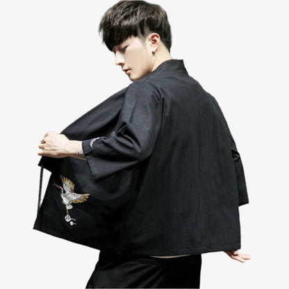 Haori Homme Noir Grue Brodée