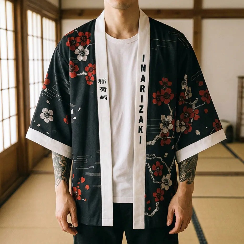 Haori Kitsune Sakura sur Fond Noir