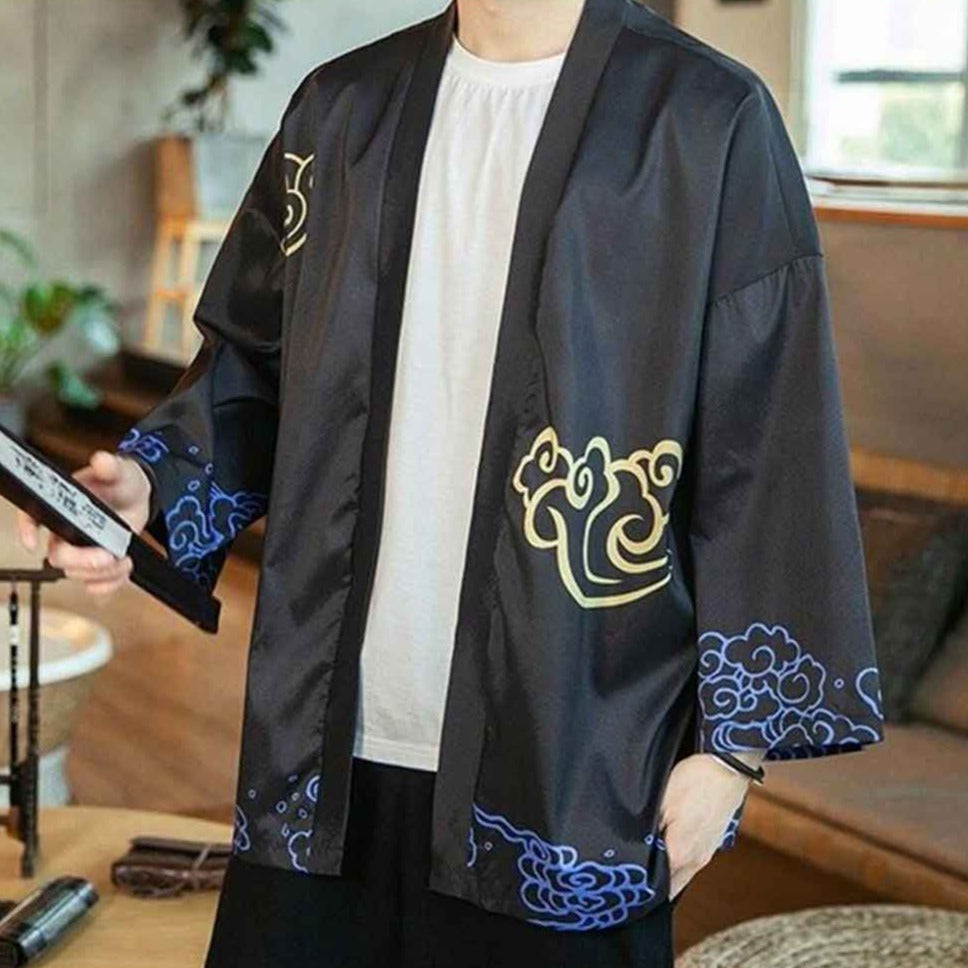 Haori Noir Grues, Nuages et Calligraphie
