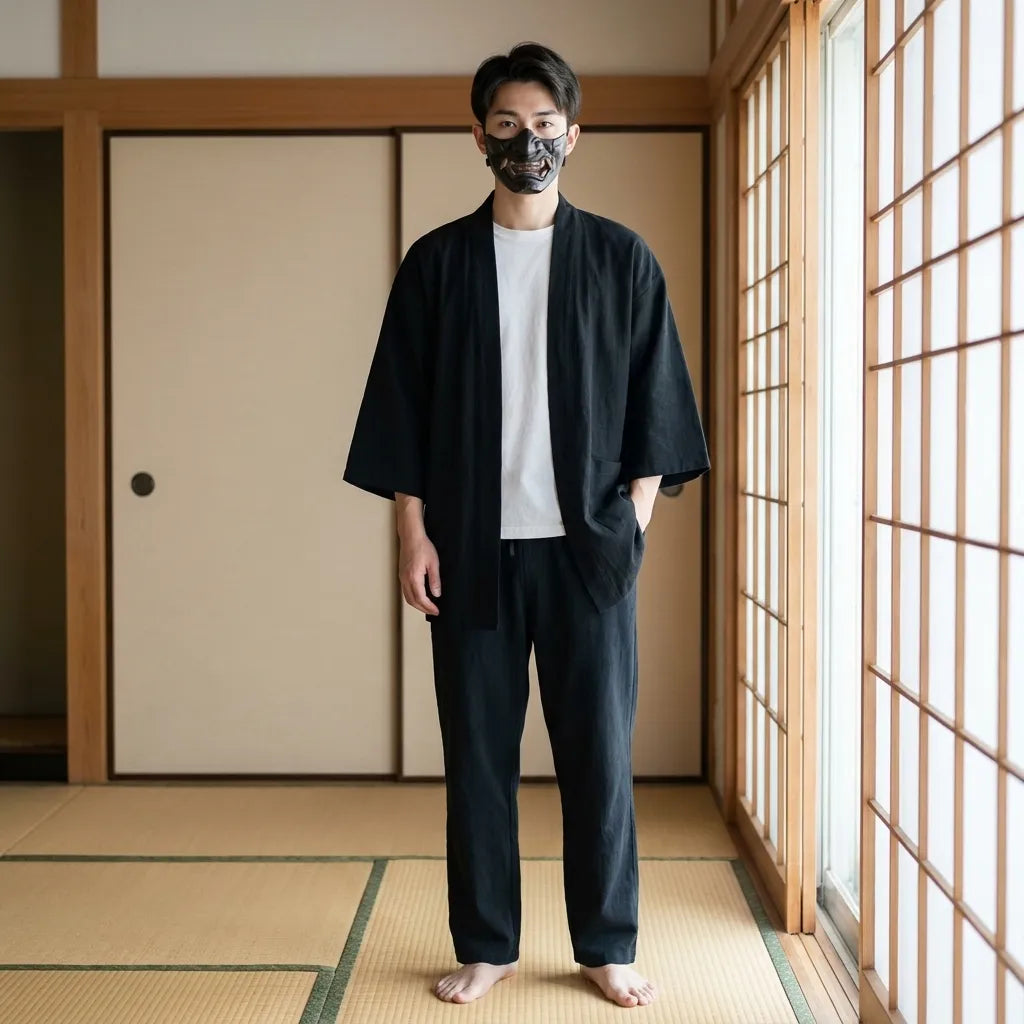 Haori Homme Noir Monochrome Sans Motif