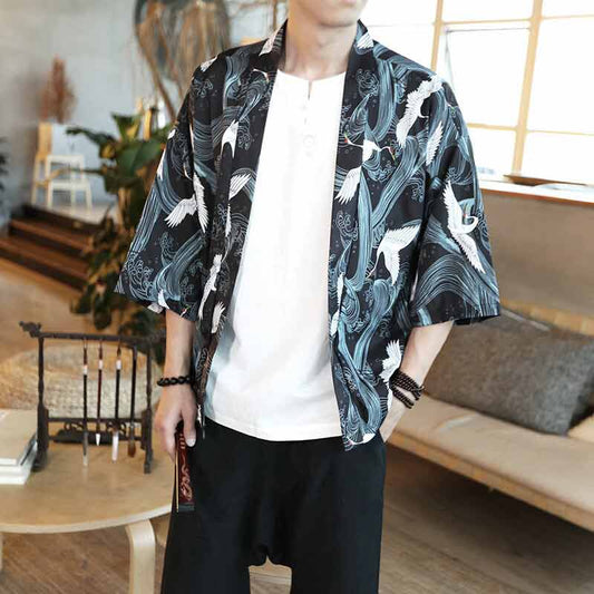 Veste Kimono Homme Vagues Nami et Tsuru