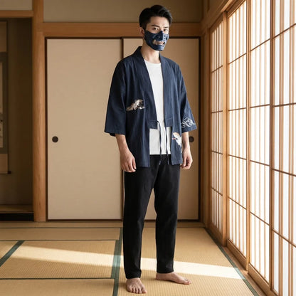 Haori Homme Bleu Marine Grue Brodée