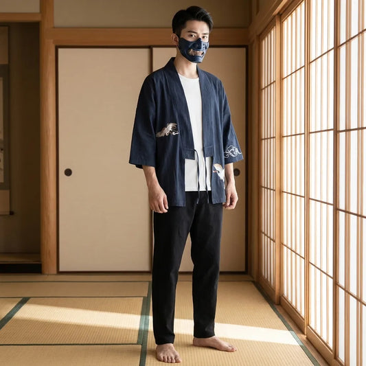 Haori Homme Bleu Marine Grue Brodée