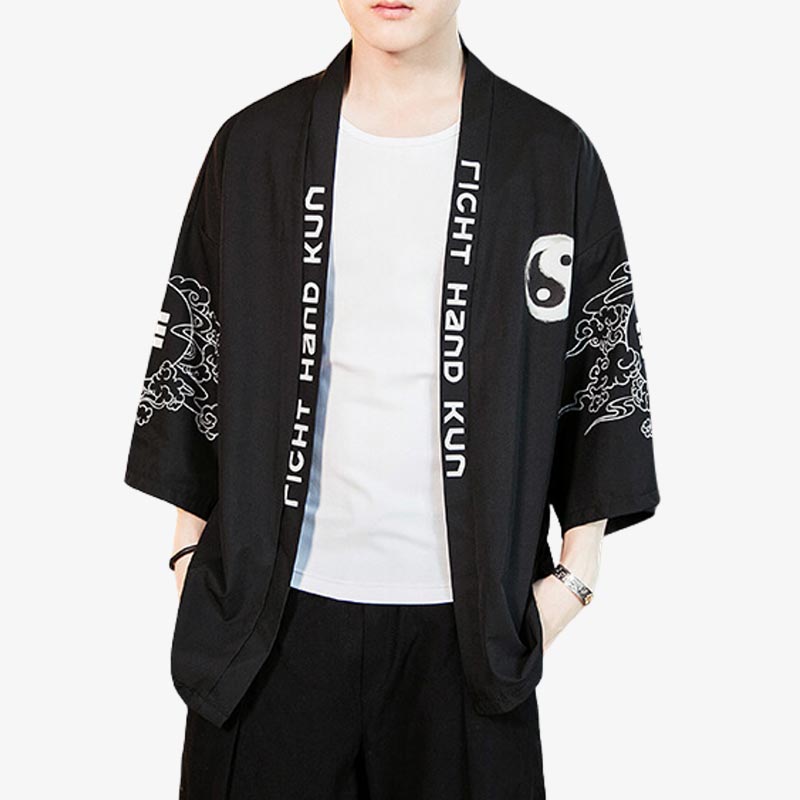 Veste Kimono Homme Noir Kanji et Tsuru