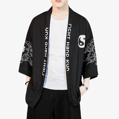 Veste Kimono Homme Noir Kanji et Tsuru