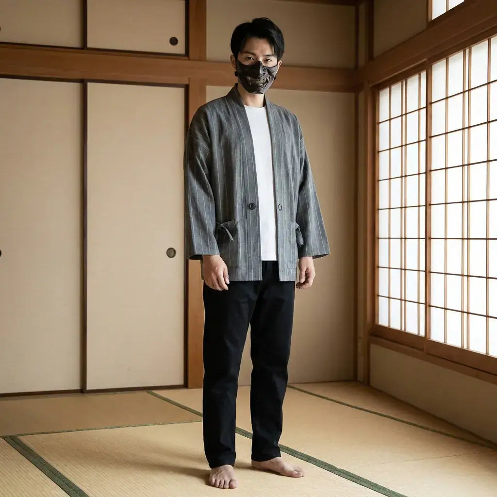 Haori Noir Face-à-Face Oni et Kitsune