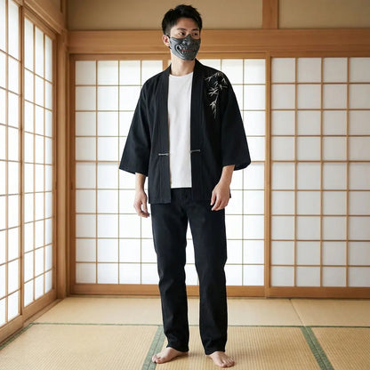 Haori Noir Motif Bambou sur l'Épaule