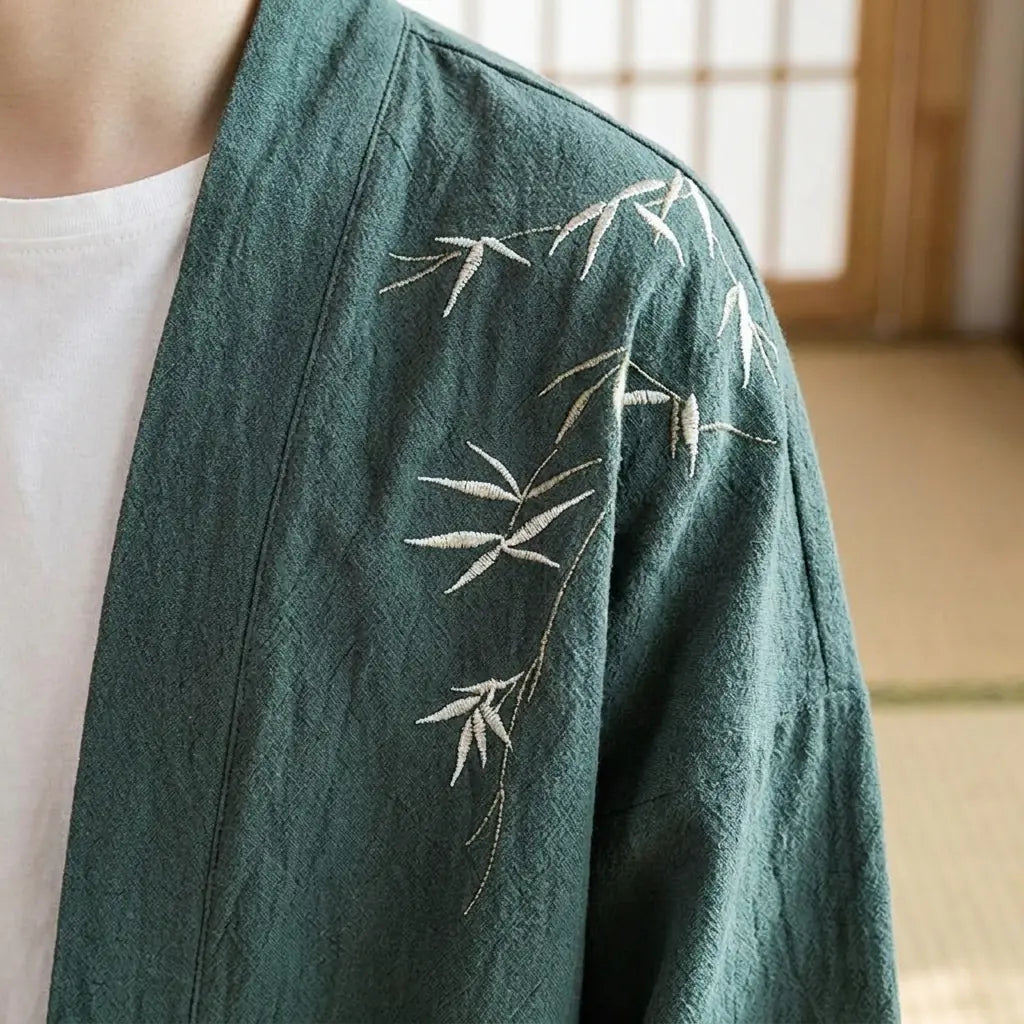 Haori Homme Vert Bambou Brodé