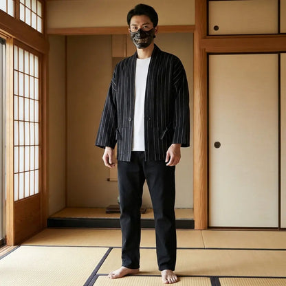 Haori Noir Homme Coupe Décontractée