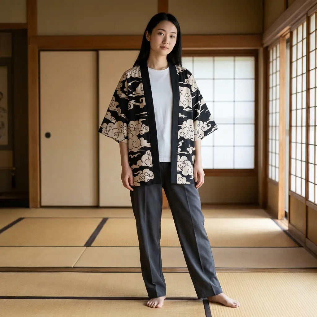 Haori Oni Noir Nuages Blancs et Kitsune