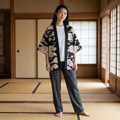 Haori Oni Noir Nuages Blancs et Kitsune