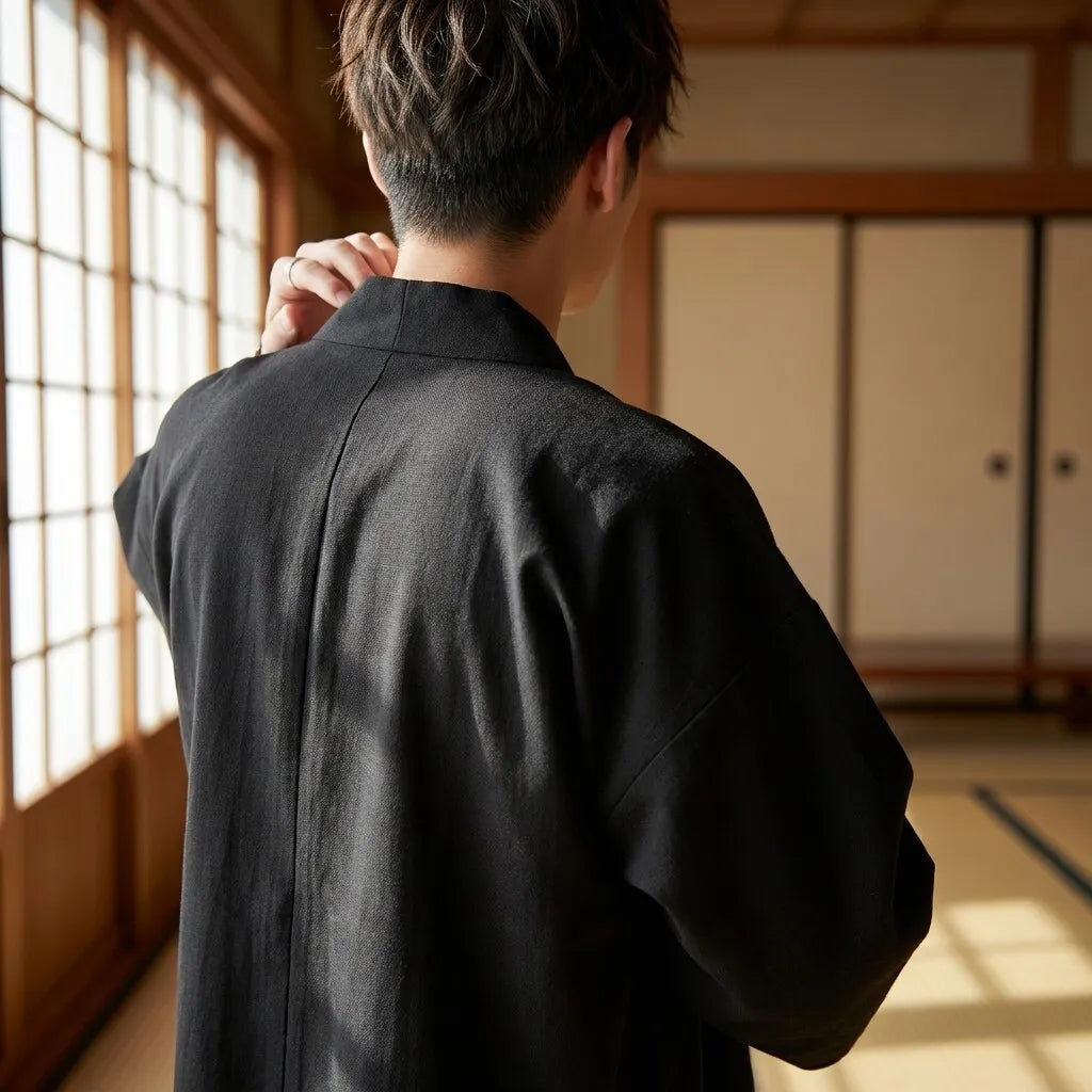 Haori Homme Noir Monochrome Sans Motif