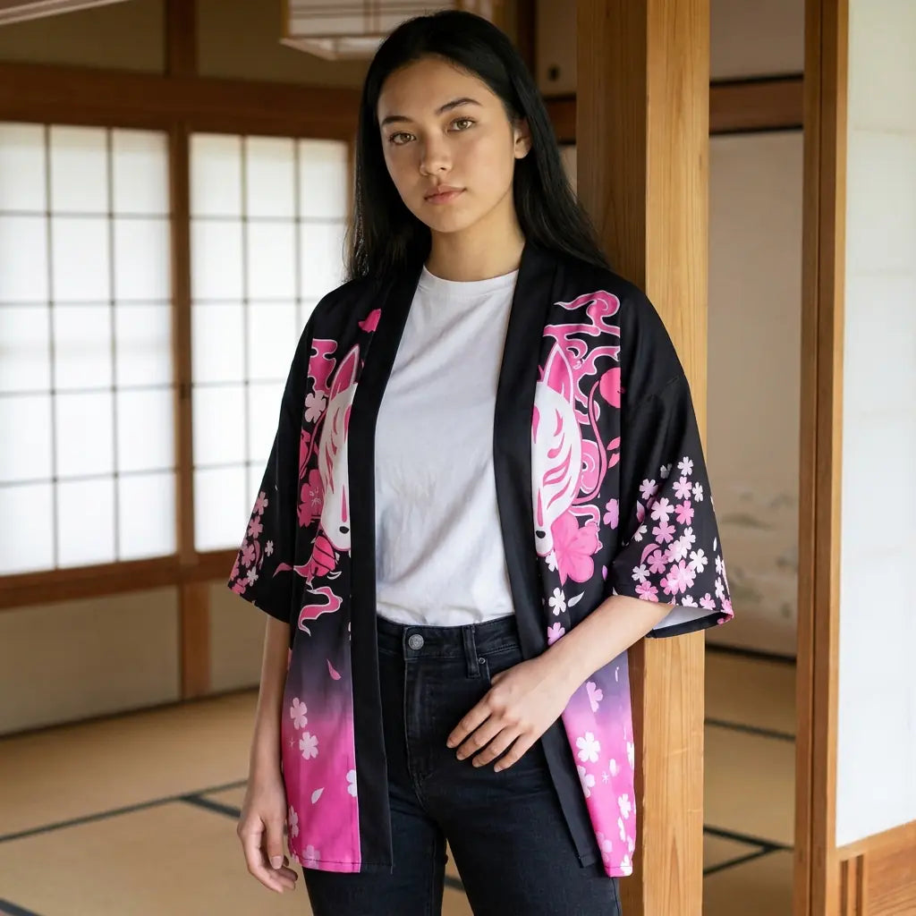 Haori Femme Kitsune Noir et Rose