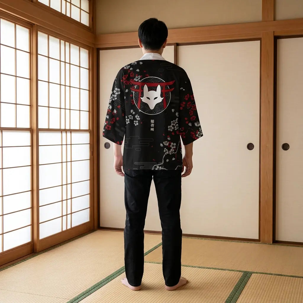 Haori Kitsune Sakura sur Fond Noir