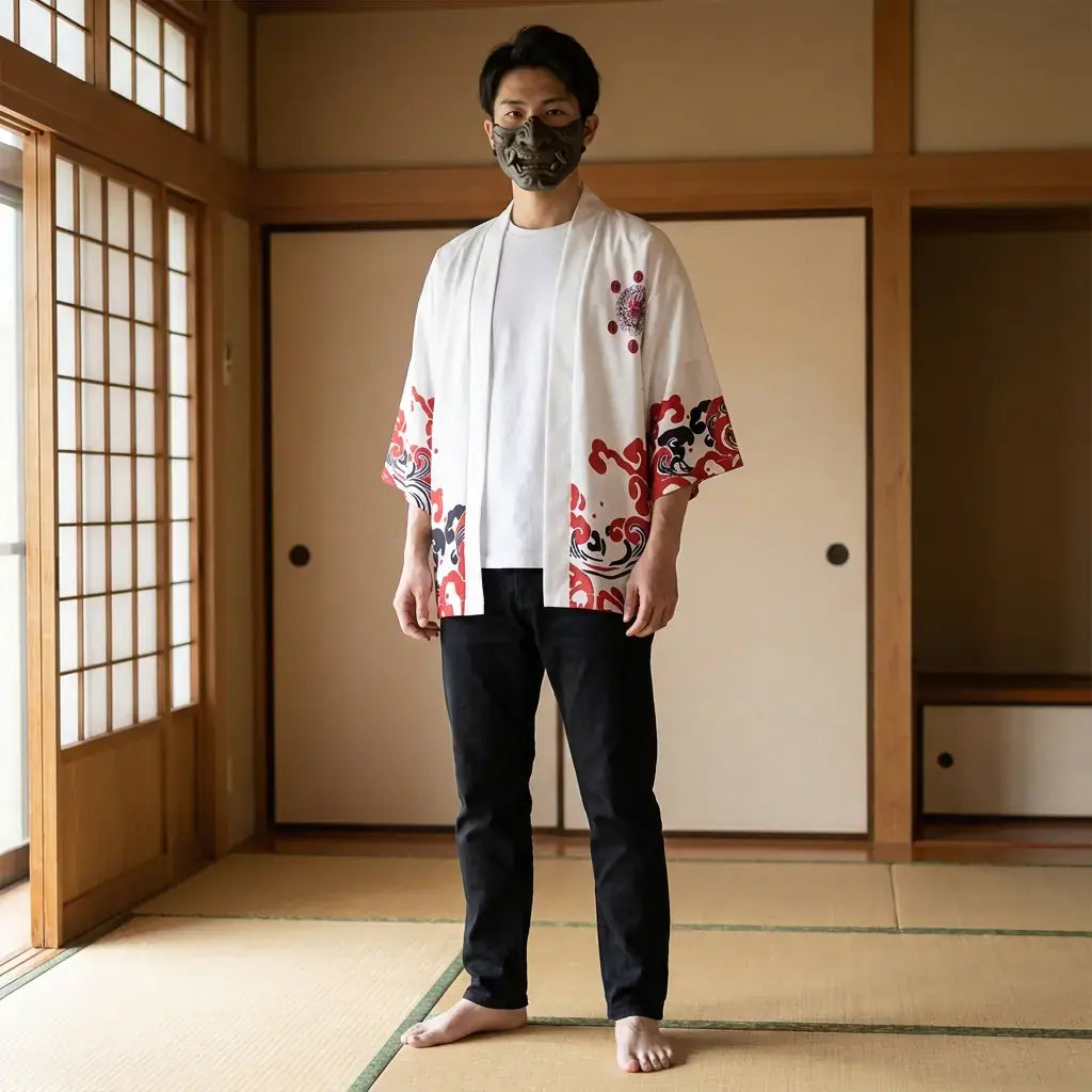 Veste Kimono Homme Blanche Oni Rouge